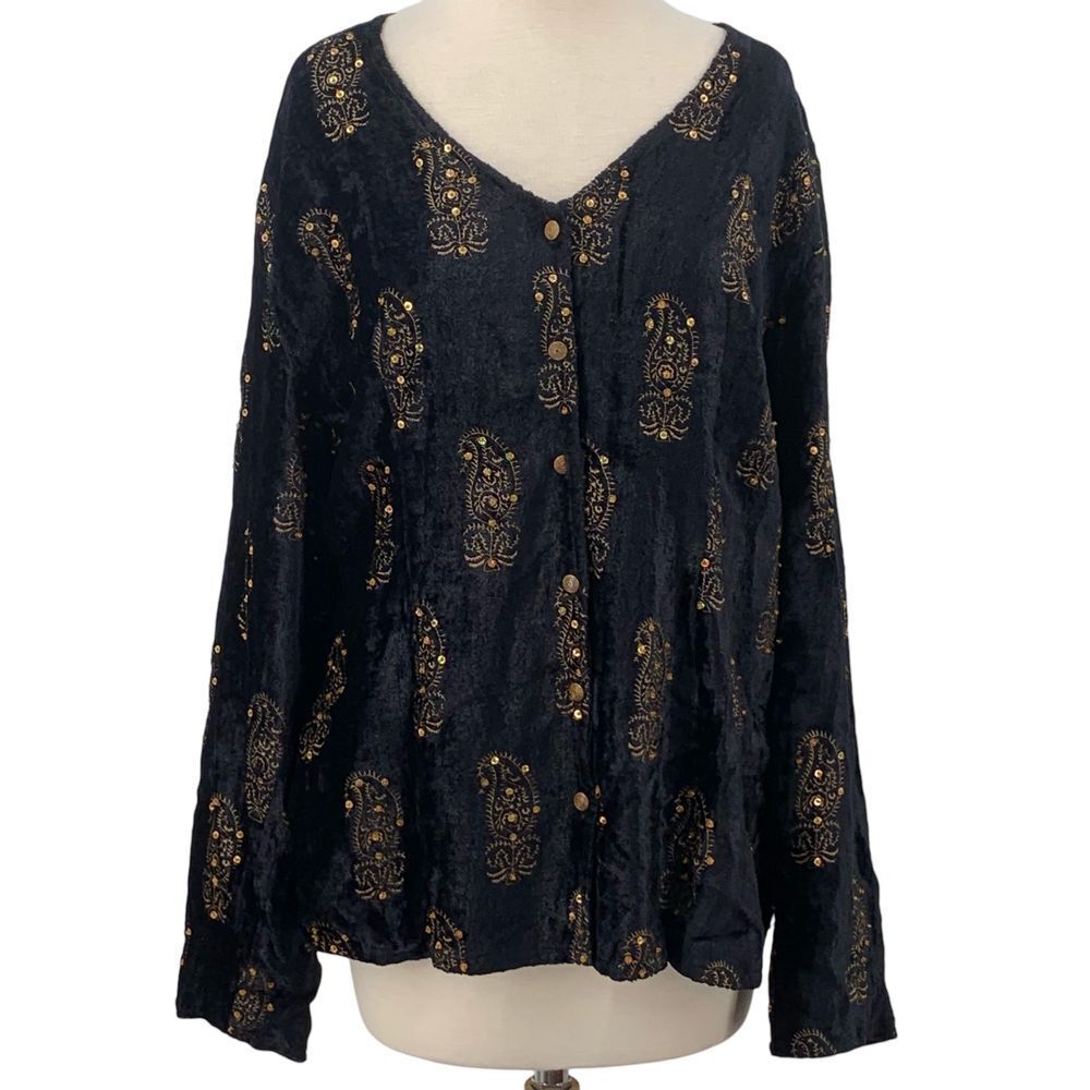 Soft Surroundings LS Black Velour Gold Embroidered Sequin Paisley Tunic Size L
